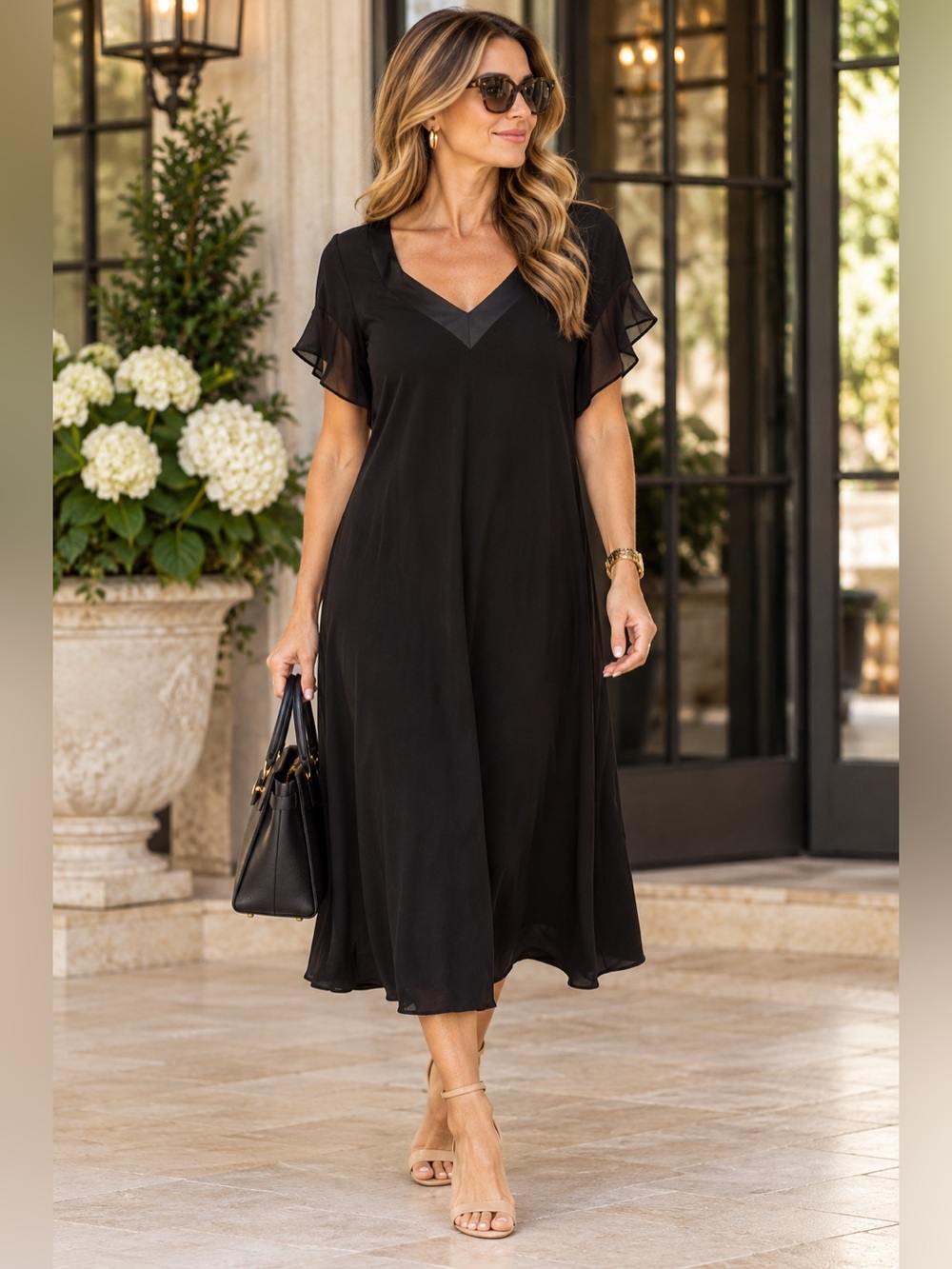 H by Halston Black Flutter Sleeve Midi Dress Size Large